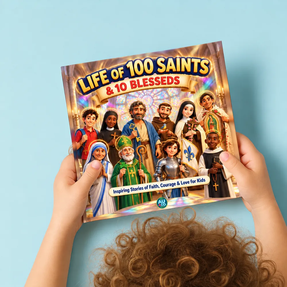 A child holding up Life of 100 Saints & 10 Blesseds