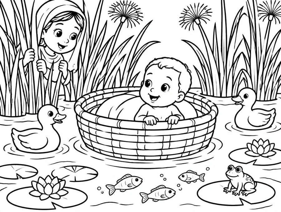 Baby Moses in the Basket colouring page for kids