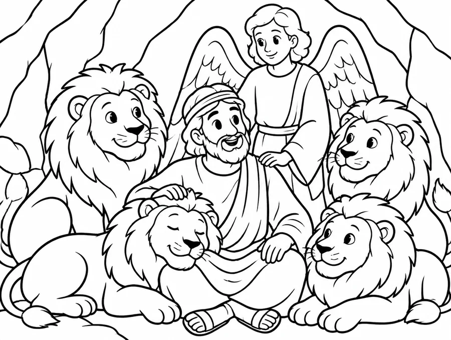 Daniel in the Lions' Den colouring page for kids