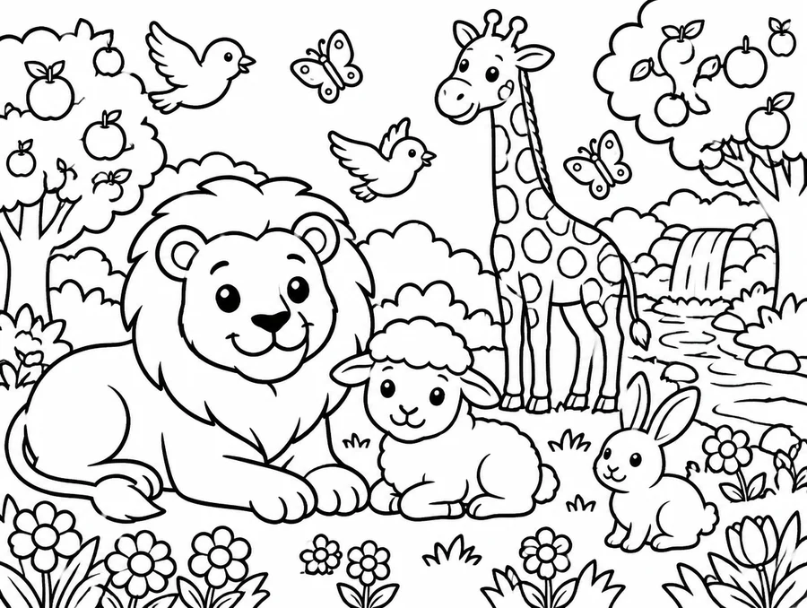 The Garden of Eden Bible colouring page for kids, from In the Beginning