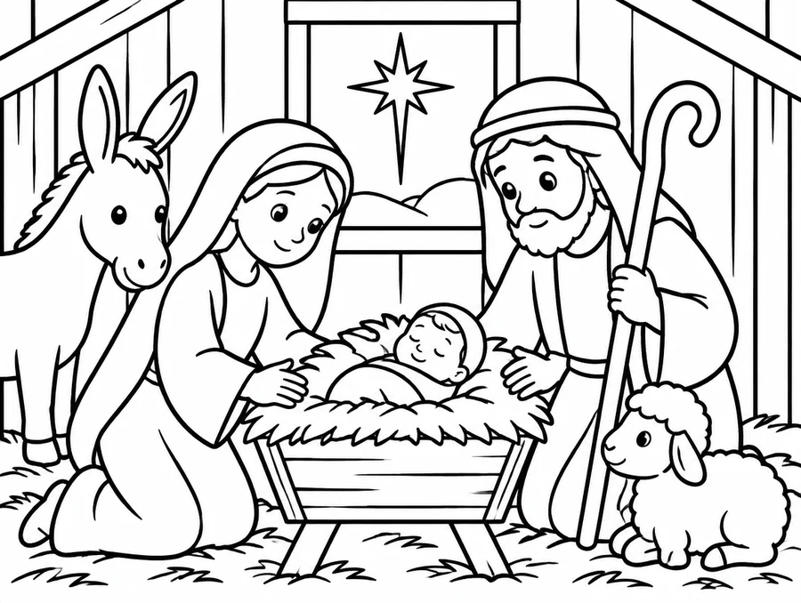 Baby Jesus in the Manger Bible colouring page for kids, from The Life of Jesus