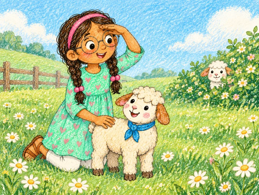 Ada and Snowy looking for a sheep in a meadow